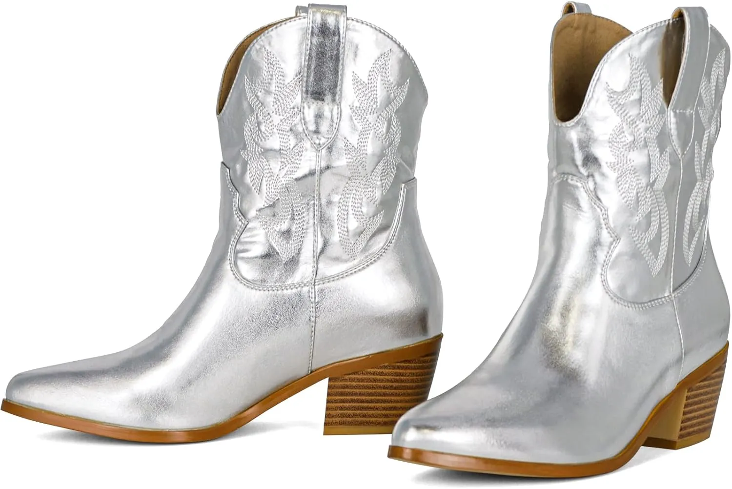 STALOV Short Cowgirl Boots for Women Embroidered Cowboy Ankle Boots,Pointed Toe Low Chunky Heel Pull On Western Stitched Boots