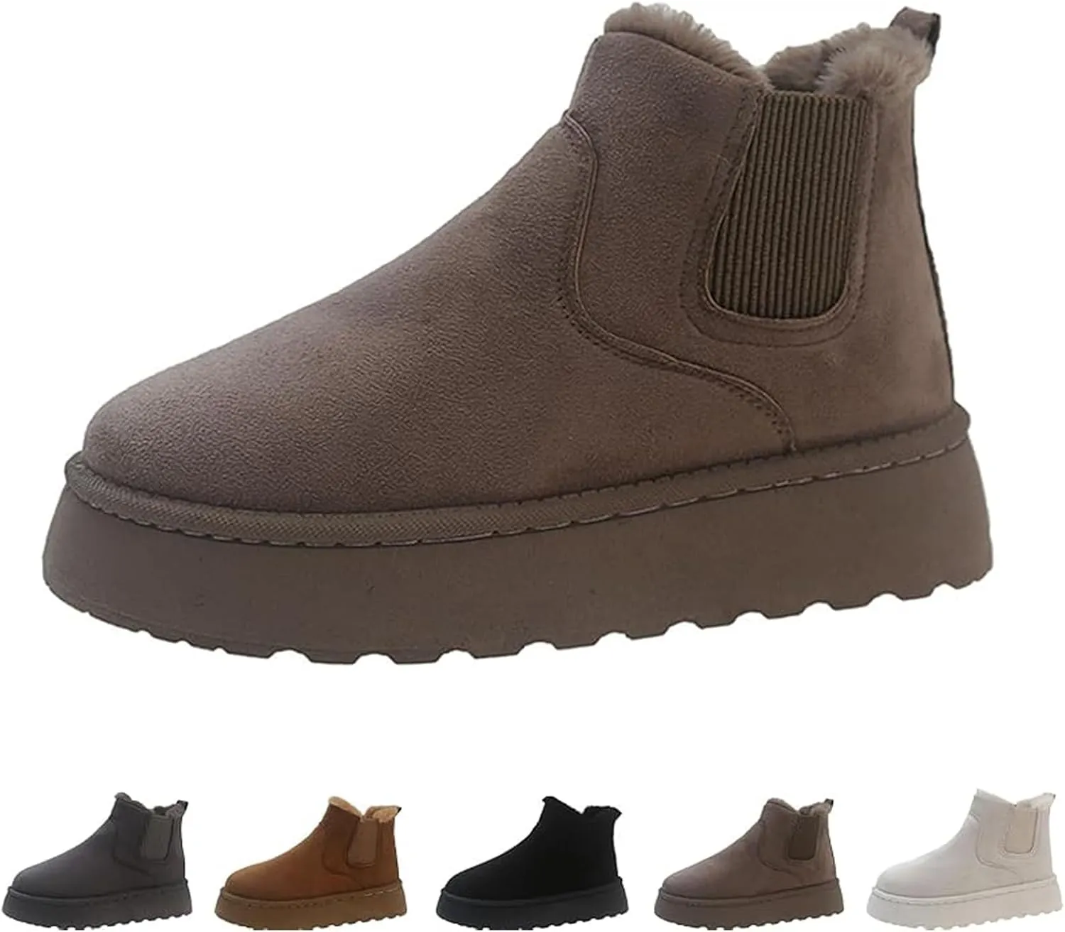 Suede Platform Snow Boots for Women, AirCloudies Warm Fur Lined Winter Slip-On Thick-Soled Ankle Booties