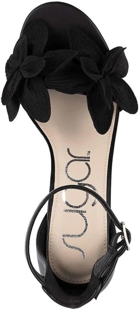 Sugar Women's Open-Toe Block Heel Sandals with Ankle Strap – Floral Detail – Dress Shoes for Party, Wedding, or Evening Wear