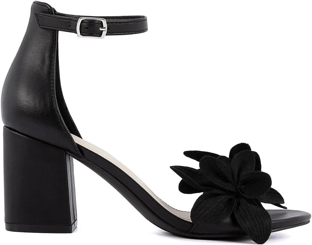 Sugar Women's Open-Toe Block Heel Sandals with Ankle Strap – Floral Detail – Dress Shoes for Party, Wedding, or Evening Wear