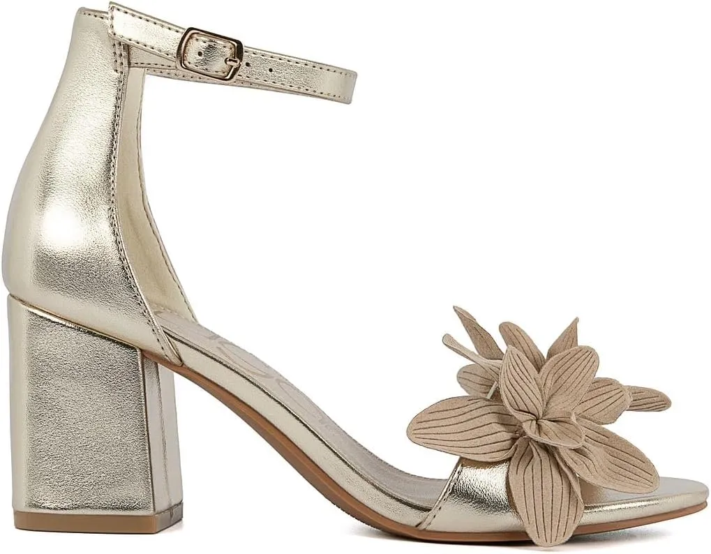 Sugar Women's Open-Toe Block Heel Sandals with Ankle Strap – Floral Detail – Dress Shoes for Party, Wedding, or Evening Wear