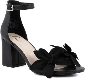 Sugar Women's Open-Toe Block Heel Sandals with Ankle Strap – Floral Detail – Dress Shoes for Party, Wedding, or Evening Wear