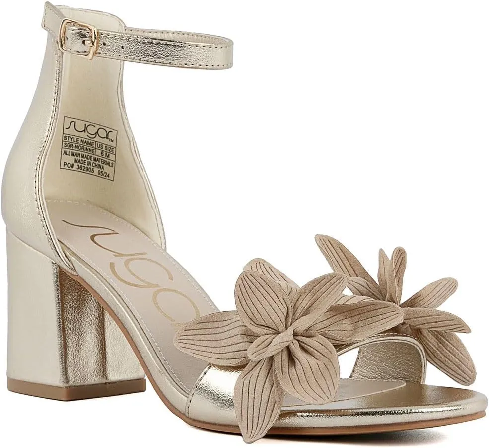 Sugar Women's Open-Toe Block Heel Sandals with Ankle Strap – Floral Detail – Dress Shoes for Party, Wedding, or Evening Wear