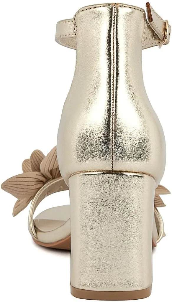 Sugar Women's Open-Toe Block Heel Sandals with Ankle Strap – Floral Detail – Dress Shoes for Party, Wedding, or Evening Wear