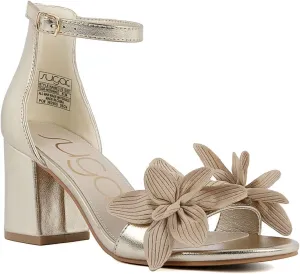 Sugar Women's Open-Toe Block Heel Sandals with Ankle Strap – Floral Detail – Dress Shoes for Party, Wedding, or Evening Wear