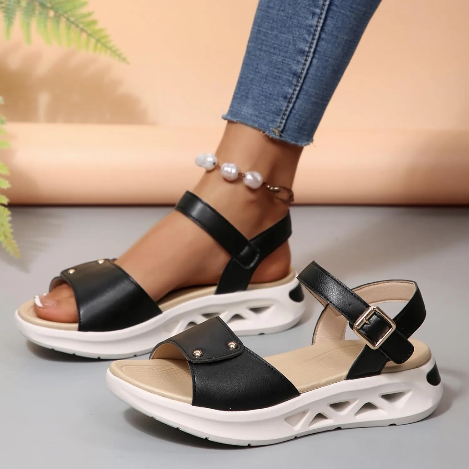 Summer Sandals for Women Fashion Comfortable Beach Breathable Hollow Mesh Slide Slip On Ring Toe Orthopedic Sandals