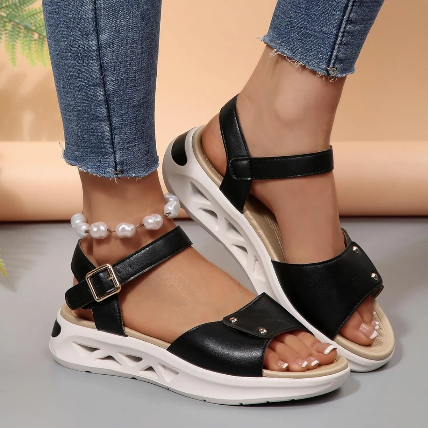 Summer Sandals for Women Fashion Comfortable Beach Breathable Hollow Mesh Slide Slip On Ring Toe Orthopedic Sandals