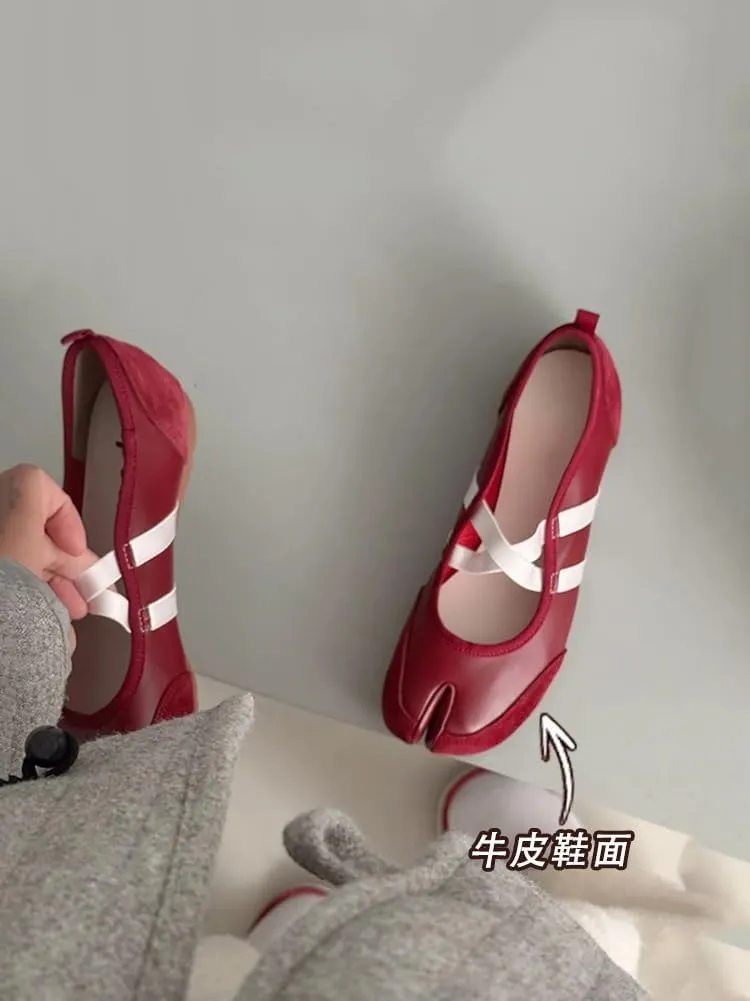 Tabi Shoes Split Toe Leather Mary Janes Flats with Laces for Women Girls Ballet Summer Sandals Non Slip Lightweight Round Toe Wide Width Casual Cute Y2K Kawaii Pumps Spring Fall Outdoors