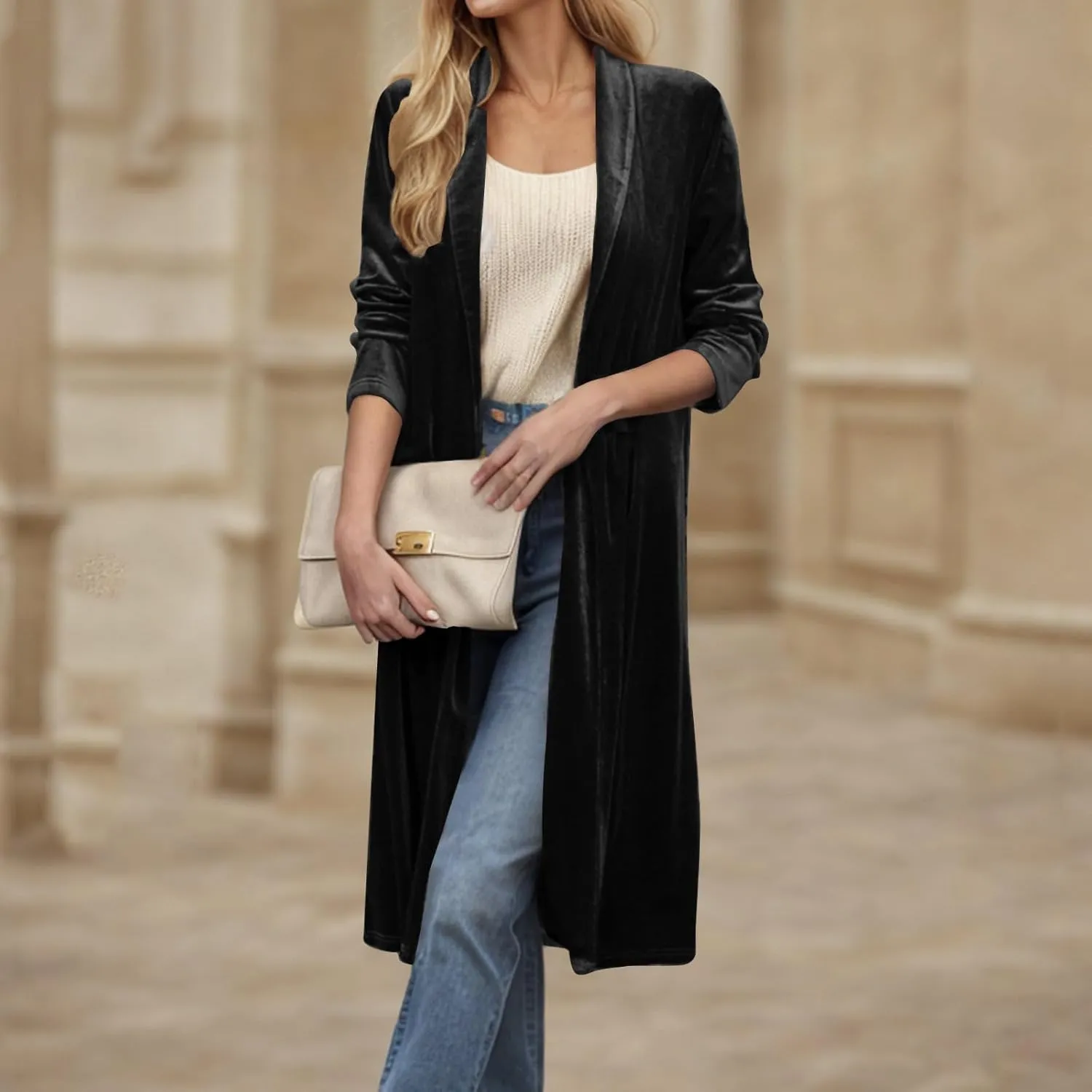 TANGNADE Velvet Cardigan Jackets for Women Long Lapel Collar Open Front Elegant Velour Blazer Cardigan Trench Coat
