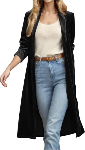 TANGNADE Velvet Cardigan Jackets for Women Long Lapel Collar Open Front Elegant Velour Blazer Cardigan Trench Coat