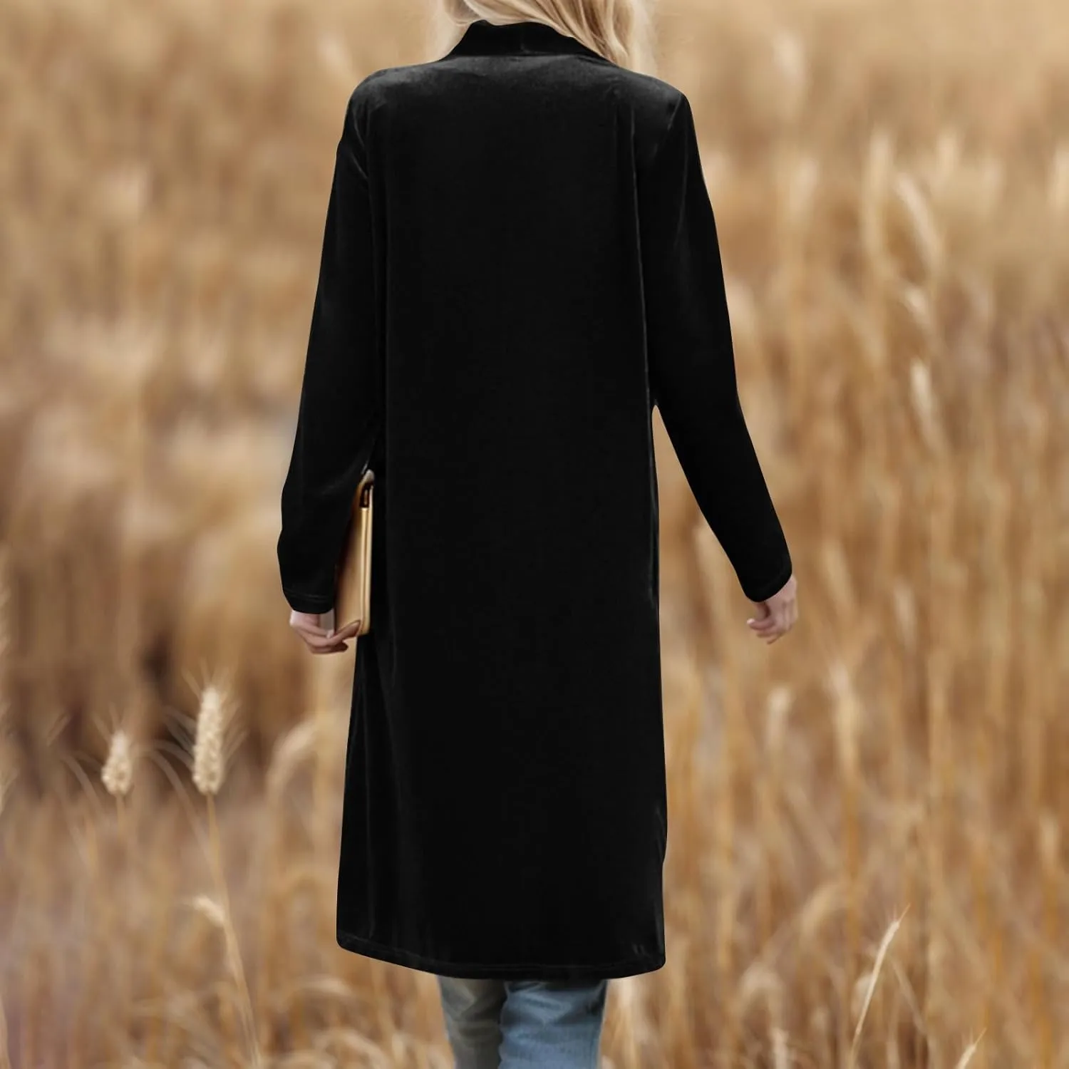 TANGNADE Velvet Cardigan Jackets for Women Long Lapel Collar Open Front Elegant Velour Blazer Cardigan Trench Coat