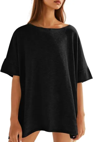 Tankaneo Women's Oversized T Shirts Casual Summer Crew Neck Loose Dropped Short Sleeve Side Slit Hem Blouse Tunic Tops