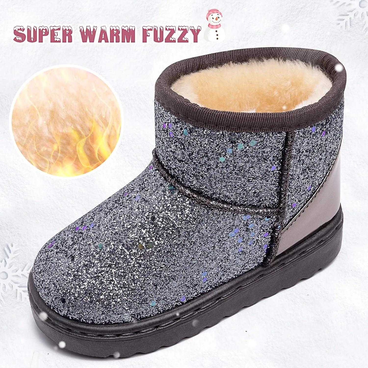 techcity Boys Girls Winter Warm Snow Boots Sequin Fur Lined Waterproof Boot Glitter Princess Outdoor Shoes(Toddler/Little Kid)