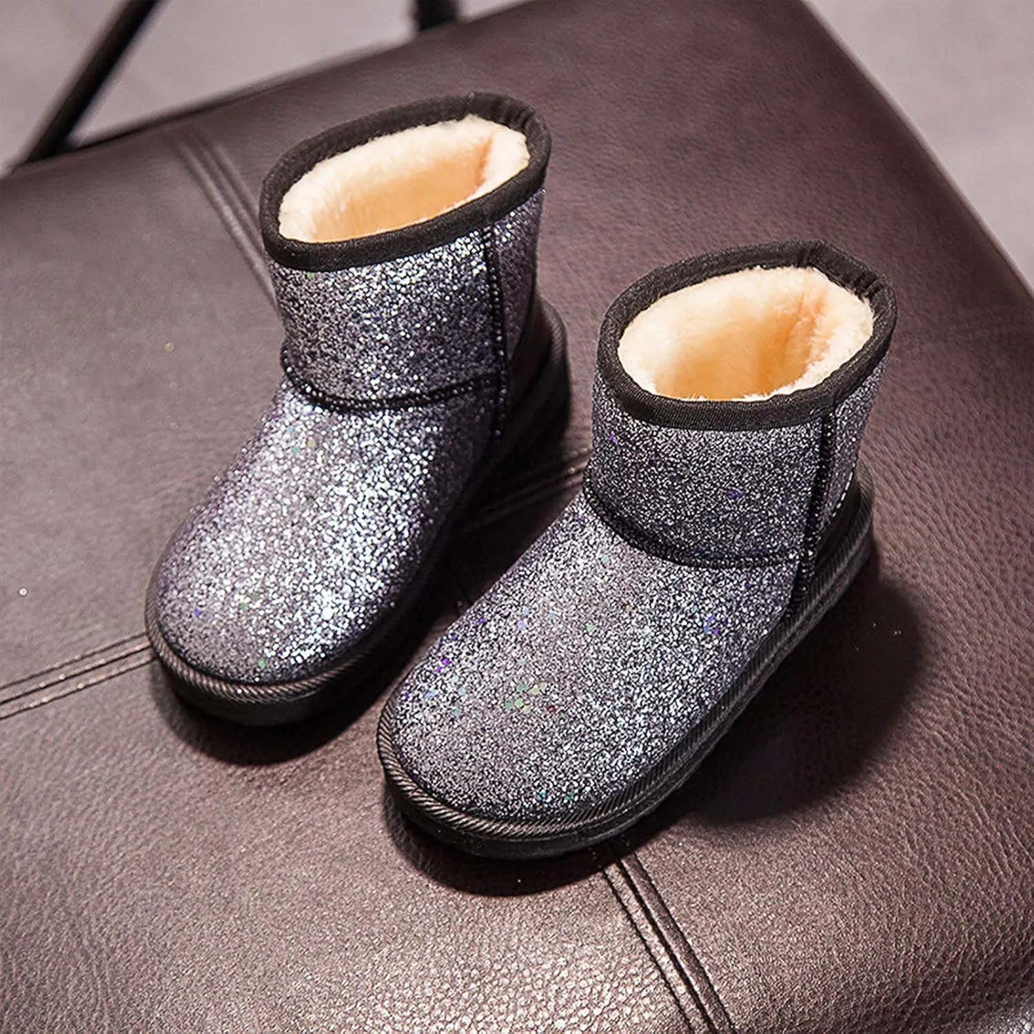 techcity Boys Girls Winter Warm Snow Boots Sequin Fur Lined Waterproof Boot Glitter Princess Outdoor Shoes(Toddler/Little Kid)