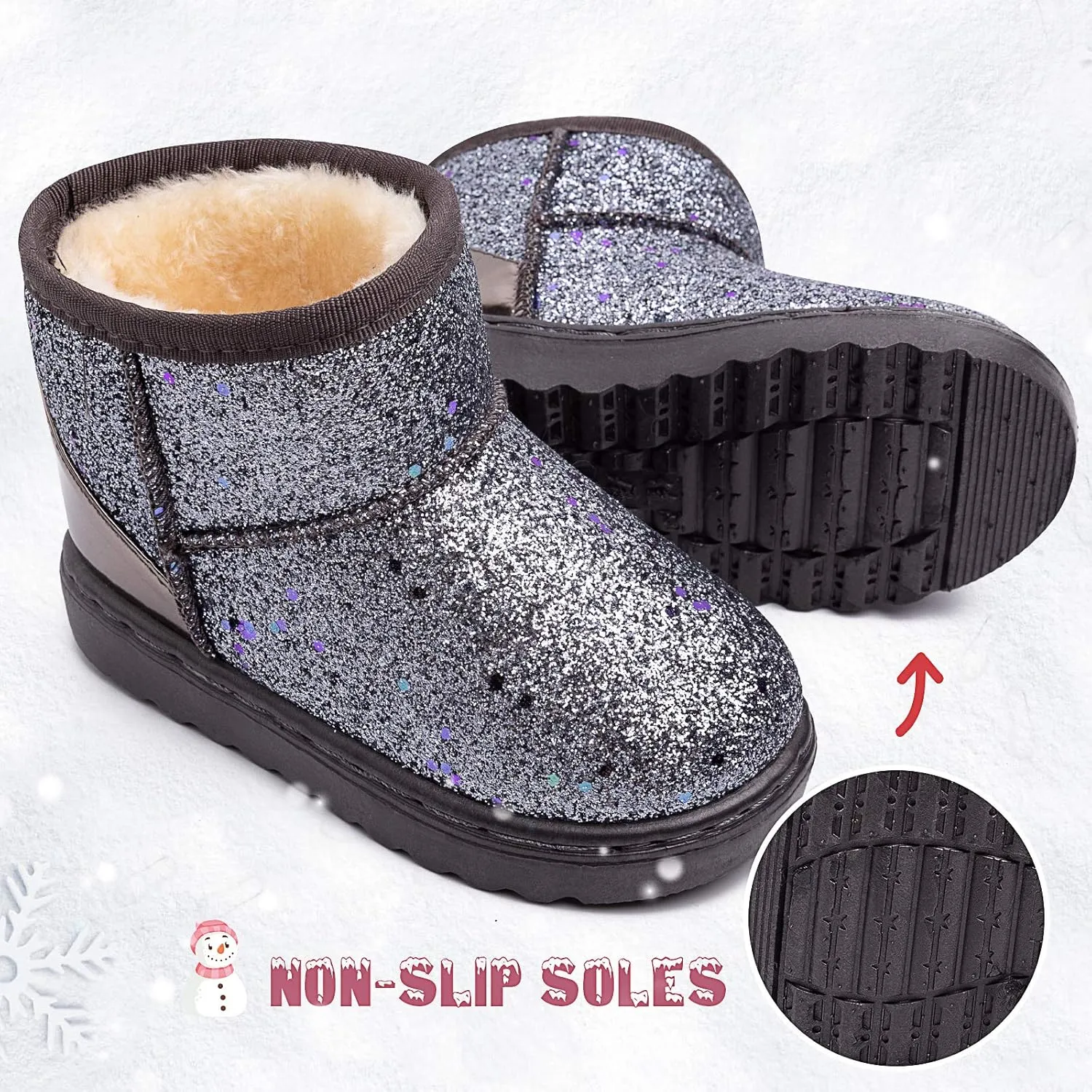 techcity Boys Girls Winter Warm Snow Boots Sequin Fur Lined Waterproof Boot Glitter Princess Outdoor Shoes(Toddler/Little Kid)