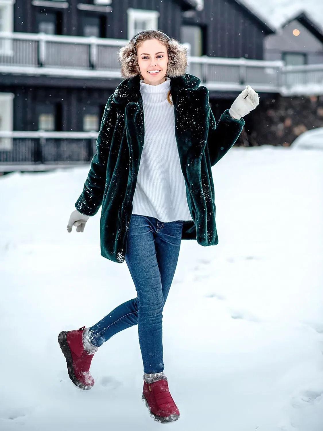 TEMOFON Snow Boots for Women Winter: Waterproof Warm Fur Lined Booties Slip On Comfortable Wide Width Outdoor Lightweight Ankle Boot