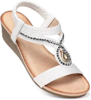 TEMOFON Wedge Sandals for Women Dressy: Low Wedge Sandals Women Comfortable Dressy Walking - Summer Casual Elastic Strappy Open Toe Rhinestone Shoes
