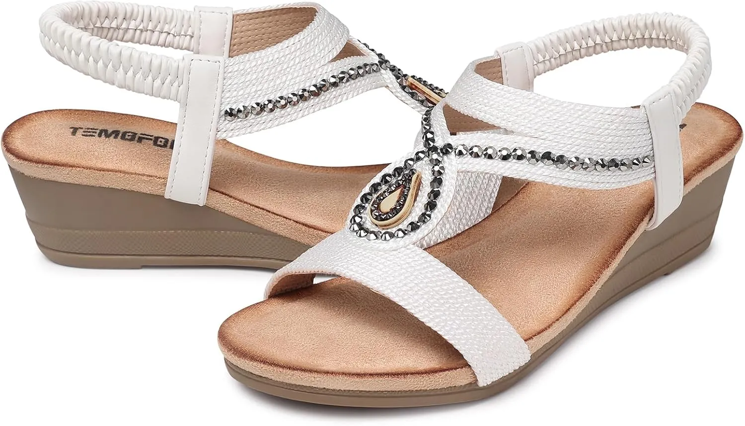 TEMOFON Wedge Sandals for Women Dressy: Low Wedge Sandals Women Comfortable Dressy Walking - Summer Casual Elastic Strappy Open Toe Rhinestone Shoes