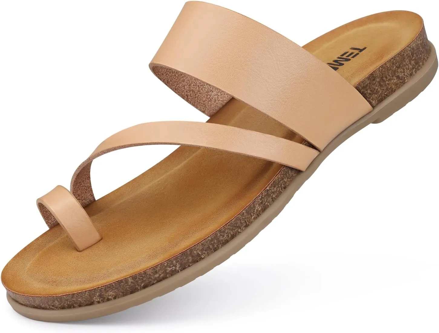 TEMOFON Women Summer Flip Flops: Genuine Leather Sandals, Cork Footbed, Comfortable Arch Support, Black/White/Brown/Nude Thong Sandals Size 5-11