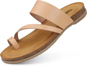 TEMOFON Women Summer Flip Flops: Genuine Leather Sandals, Cork Footbed, Comfortable Arch Support, Black/White/Brown/Nude Thong Sandals Size 5-11