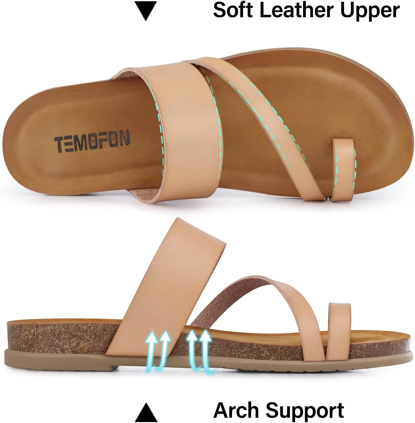 TEMOFON Women Summer Flip Flops: Genuine Leather Sandals, Cork Footbed, Comfortable Arch Support, Black/White/Brown/Nude Thong Sandals Size 5-11