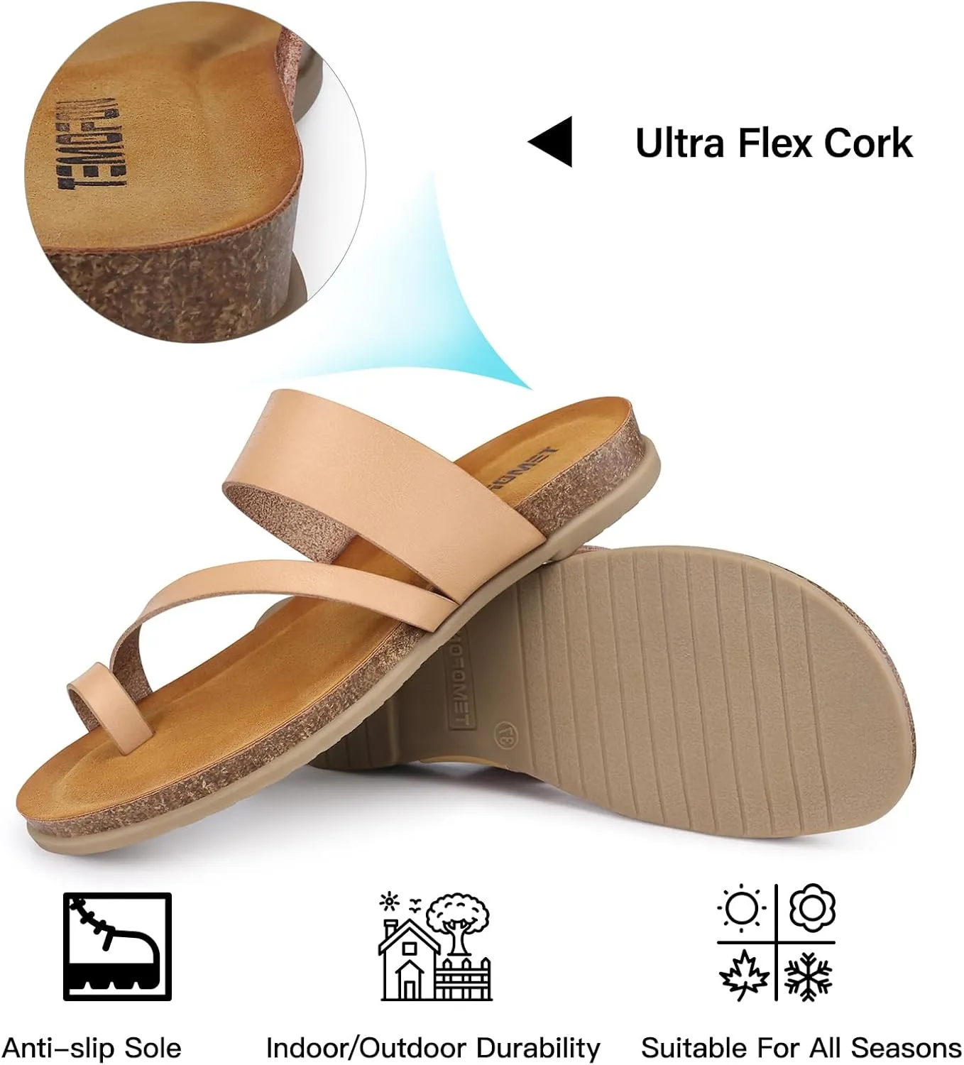 TEMOFON Women Summer Flip Flops: Genuine Leather Sandals, Cork Footbed, Comfortable Arch Support, Black/White/Brown/Nude Thong Sandals Size 5-11