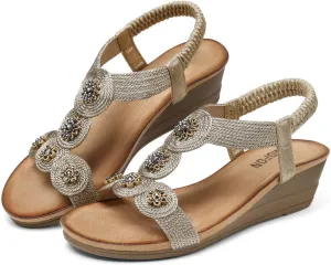 TEMOFON Womens Wedge Dressy Sandals: Elastic Ankle Strap Sandals - Summer Beach Open Toe - Comfortable Walking Sandals Size 5-11