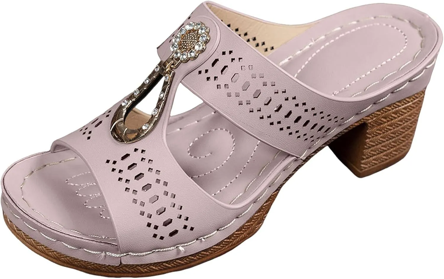 Thick Fish Heel Women's Shoes Fashionable Casual Rhinestone Hollow Slingback Beach Sandals Sketches Sports Sandals