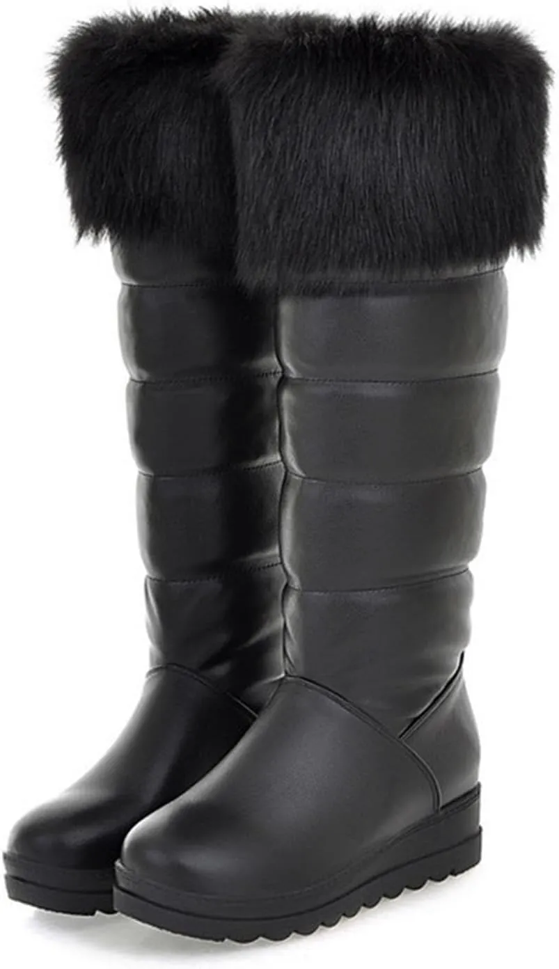 Thick Soled Slip On Snow Boots, Short Plush Lining Raw Edge Warm Knee High Boots Waterproof and Non Slip Winter Straight Boots Pu Leather Rubber Sole Women's Boots