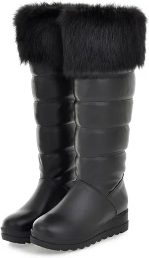 Thick Soled Slip On Snow Boots, Short Plush Lining Raw Edge Warm Knee High Boots Waterproof and Non Slip Winter Straight Boots Pu Leather Rubber Sole Women's Boots
