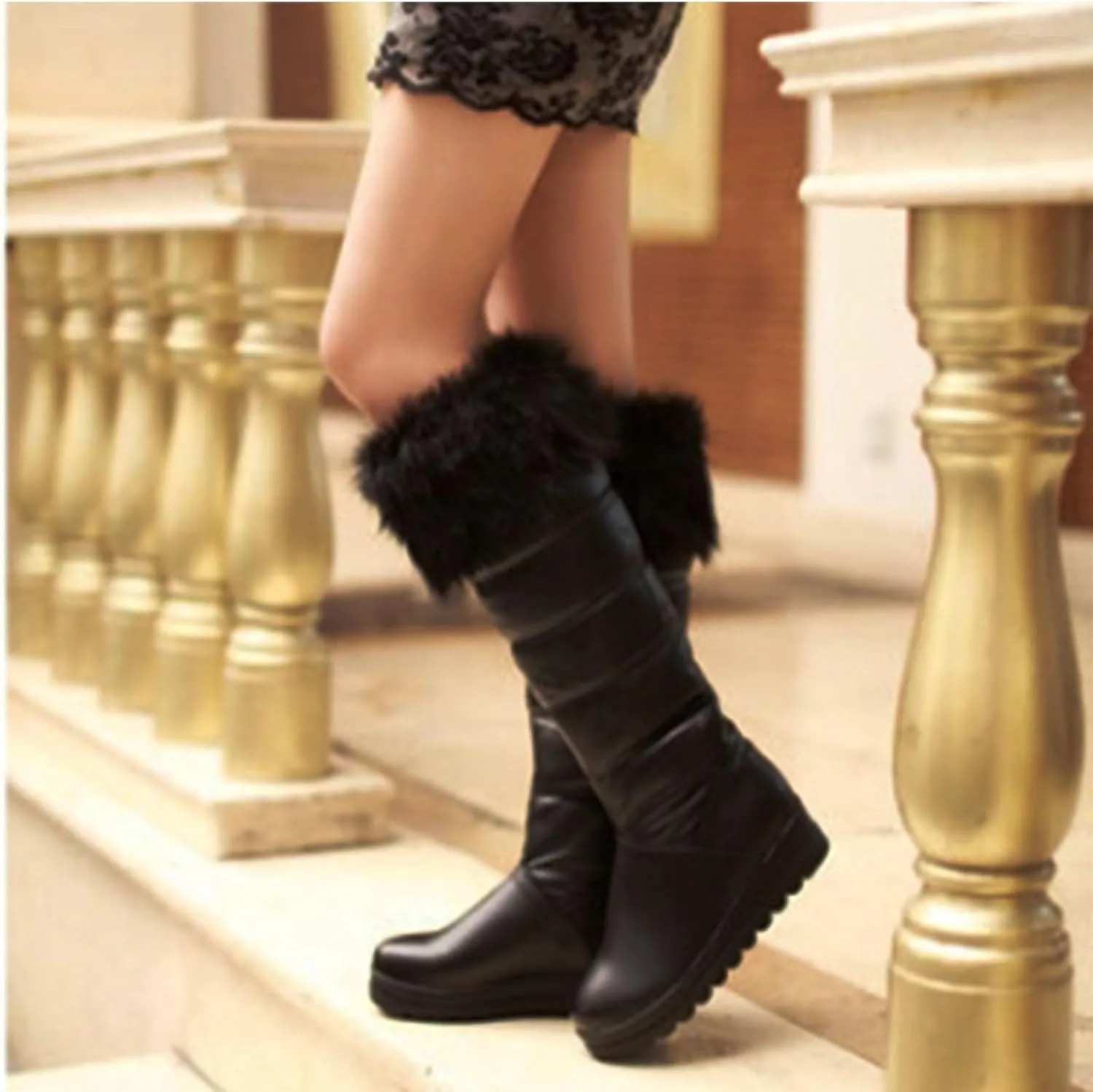 Thick Soled Slip On Snow Boots, Short Plush Lining Raw Edge Warm Knee High Boots Waterproof and Non Slip Winter Straight Boots Pu Leather Rubber Sole Women's Boots