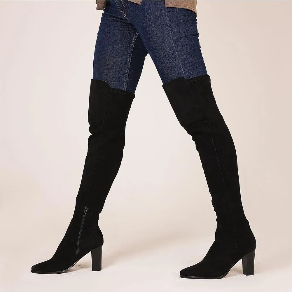 Thigh High Boots, Over The Knee, Brown Suede Block Heel Pointed Toe Stretch Sexy Boots For Women, Fall 2024
