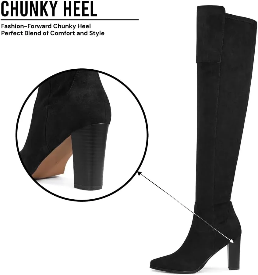 Thigh High Boots, Over The Knee, Brown Suede Block Heel Pointed Toe Stretch Sexy Boots For Women, Fall 2024