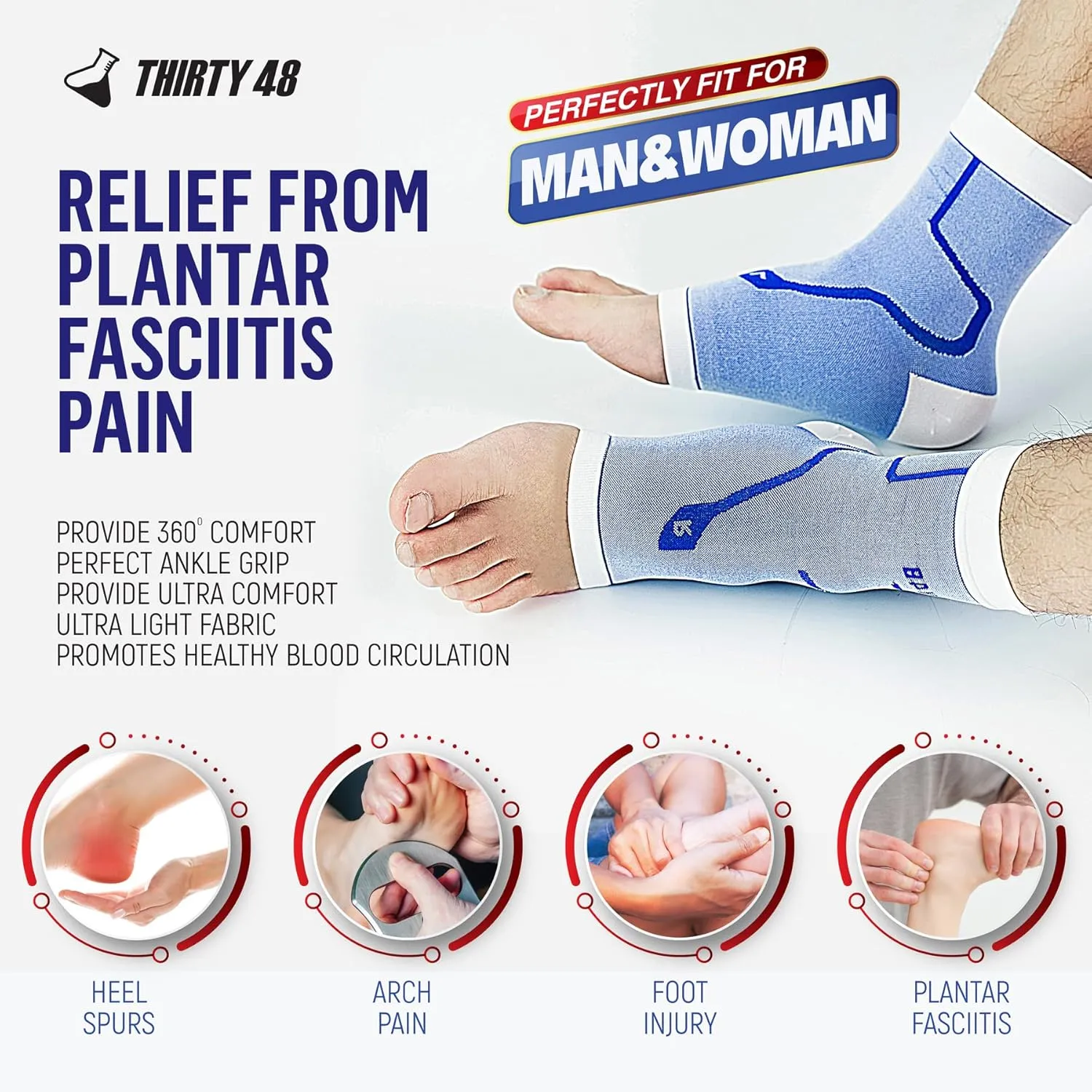 Thirty48 Plantar Fasciitis Compression Socks(1 or 2 Pairs), 20-30 mmHg Foot Compression Sleeves for Ankle/Heel Support, Increase Blood Circulation, Relieve Arch Pain, Reduce Foot Swelling