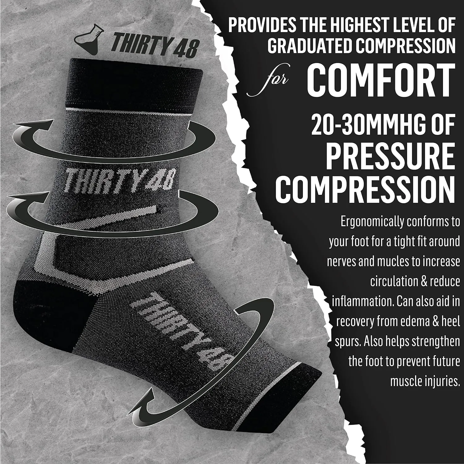Thirty48 Plantar Fasciitis Compression Socks(1 or 2 Pairs), 20-30 mmHg Foot Compression Sleeves for Ankle/Heel Support, Increase Blood Circulation, Relieve Arch Pain, Reduce Foot Swelling