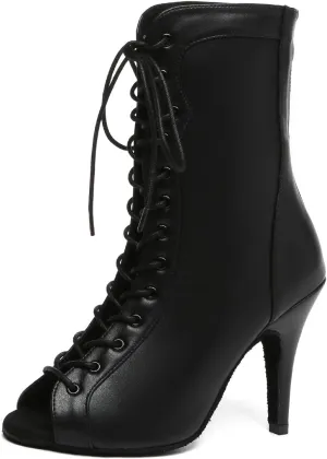 TINRYMX Women's Ballroom Dance Boots Lace-up Ankle High Dance Boots Open-Toe Performance Latin Salsa Dance Shoes, Model-YCL587