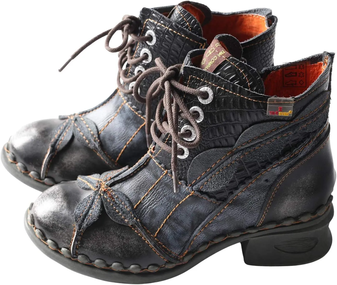 TMA EYES Women's Ankle Boots Low Heel Lace-up Side Zipper Fashion Leather Booties