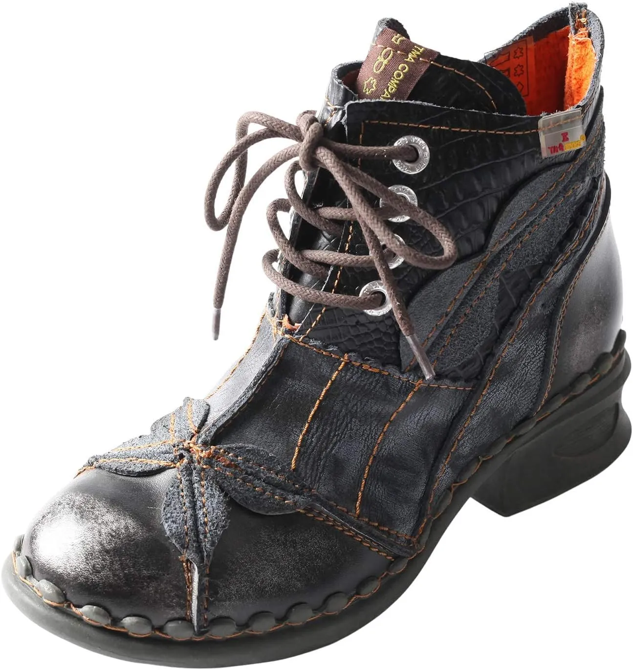 TMA EYES Women's Ankle Boots Low Heel Lace-up Side Zipper Fashion Leather Booties