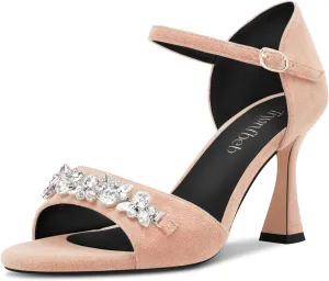 TNYNFBEB Women Chunky Block Mid Heel Peep Open Toe Sandals Ankle Strap Buckle Rhinestone Crystal Party Cute 3.3 Inches Heels