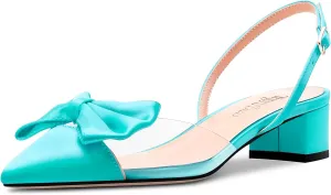 TNYNFBEB Women Chunky Block Mid Heel Pointed Toe Sandals Ankle Strap Slingback Buckle Bow-knot Party Cute 2.0 Inches Heels