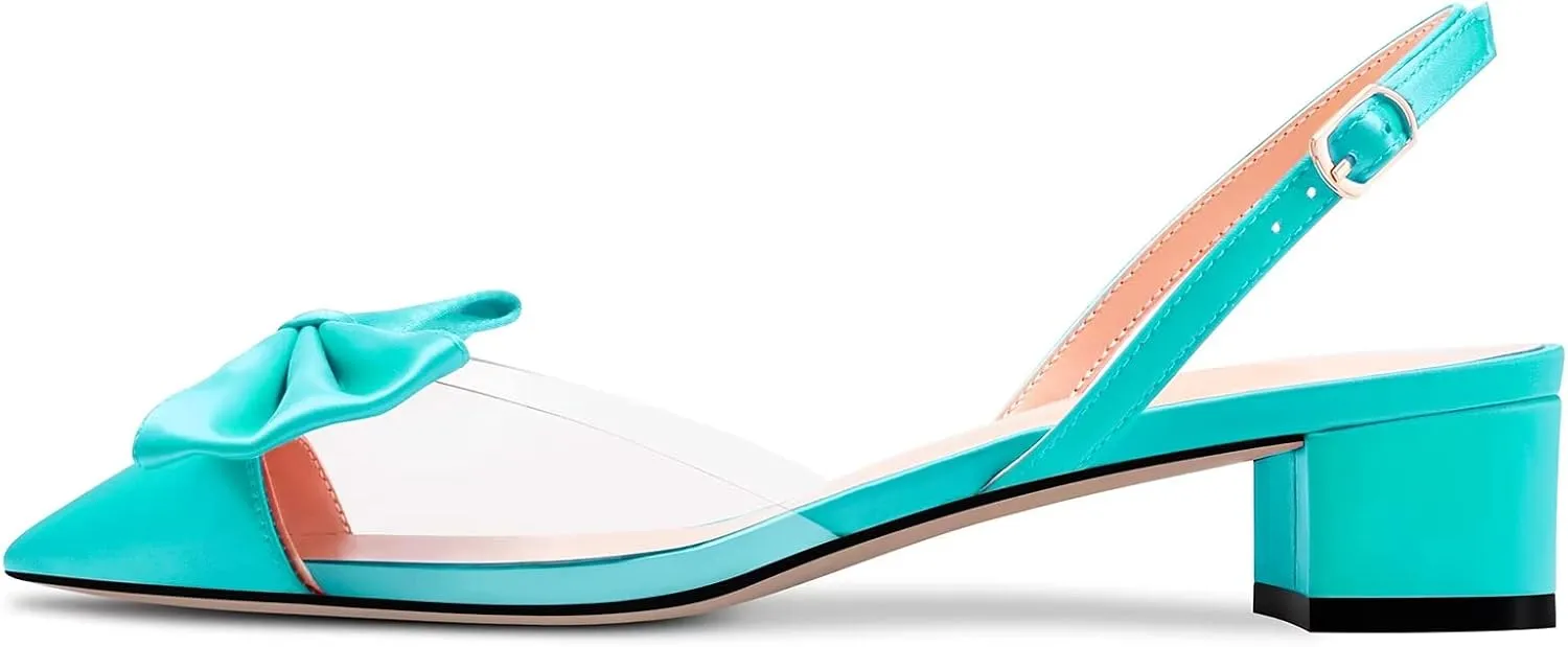 TNYNFBEB Women Chunky Block Mid Heel Pointed Toe Sandals Ankle Strap Slingback Buckle Bow-knot Party Cute 2.0 Inches Heels
