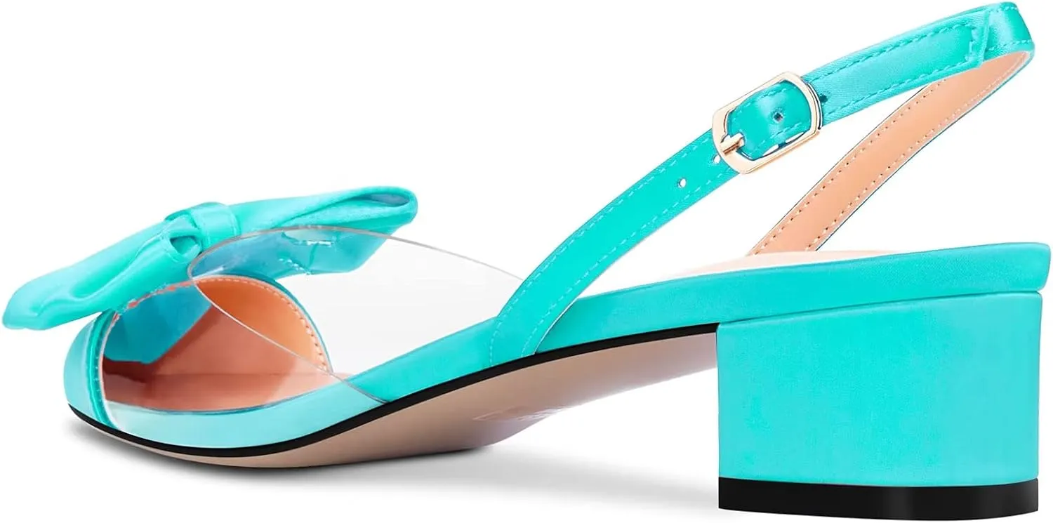 TNYNFBEB Women Chunky Block Mid Heel Pointed Toe Sandals Ankle Strap Slingback Buckle Bow-knot Party Cute 2.0 Inches Heels