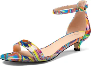 TNYNFBEB Womens Low Kitten Heel Open Toe Sandals Ankle Strap Two-Piece Buckle Prom Party Basic Classic Cute Summer 1.4 Inches Heels