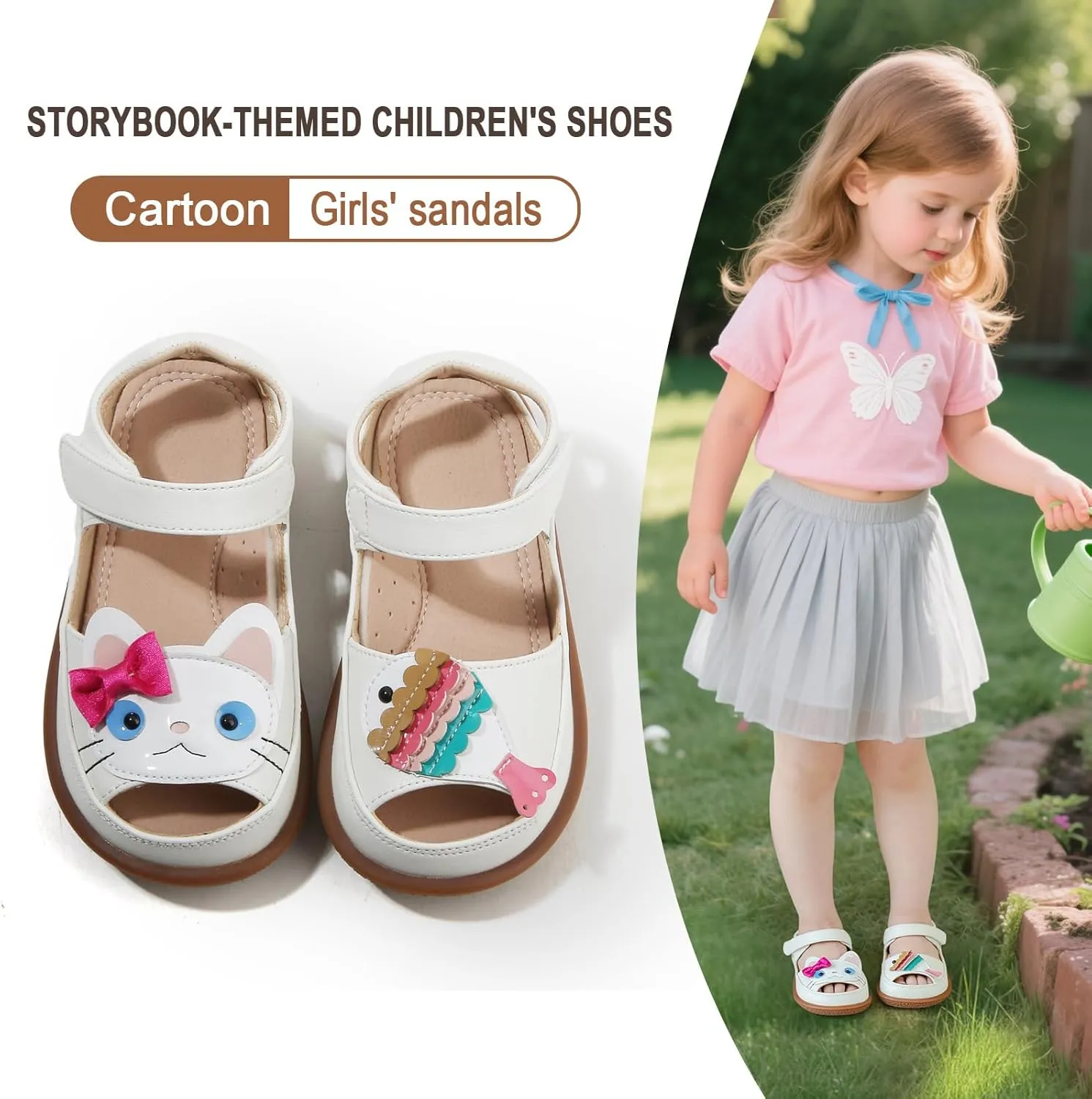 Toddler Girl Sandals with Flower, ‌Breathable Leather kids Closed Toe Sandals, Soft Rubber Non-Slip Summer Shoes for Little Girls 2-7 Years
