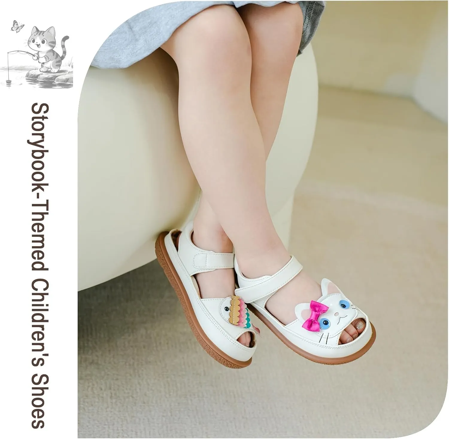 Toddler Girl Sandals with Flower, ‌Breathable Leather kids Closed Toe Sandals, Soft Rubber Non-Slip Summer Shoes for Little Girls 2-7 Years