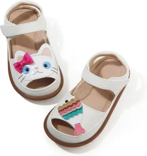 Toddler Girl Sandals with Flower, ‌Breathable Leather kids Closed Toe Sandals, Soft Rubber Non-Slip Summer Shoes for Little Girls 2-7 Years