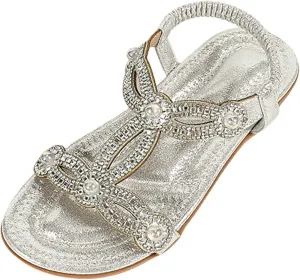 Toddler Girls Pearl Sequins Sandals Formal Dress Open Toe Fancy Wide Shoes Kids Baby Elegant Flat Non Slip Fancy Shoes