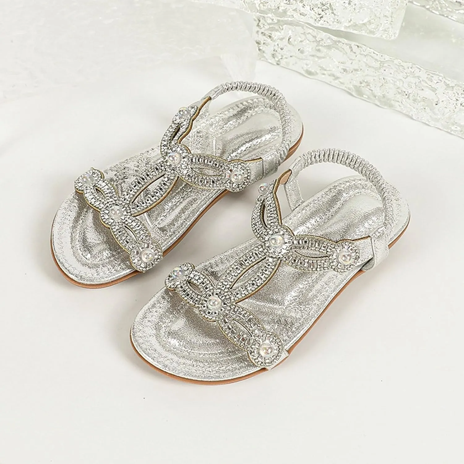 Toddler Girls Pearl Sequins Sandals Formal Dress Open Toe Fancy Wide Shoes Kids Baby Elegant Flat Non Slip Fancy Shoes