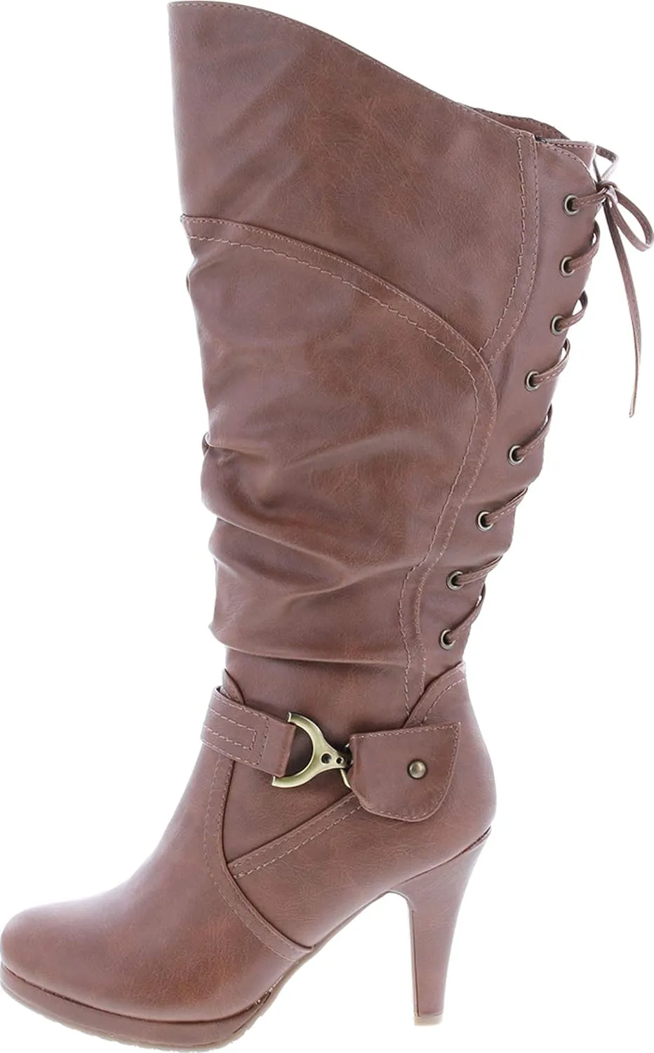 TOP Moda Womens Page-65 Knee High Round Toe Lace-Up Slouched High Heel Boots