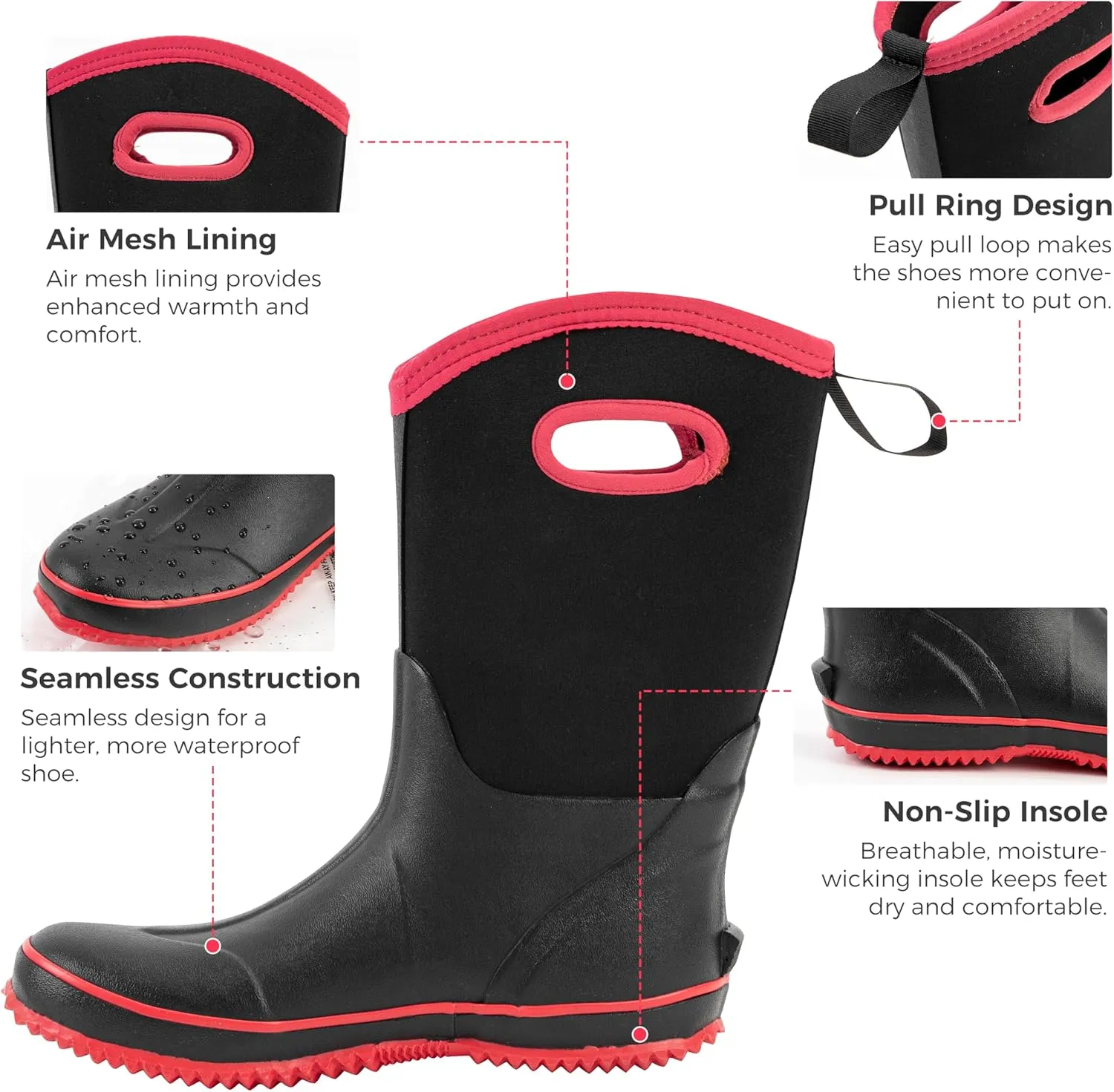 Ubon Rain Boots for Women Waterproof, Insulated Neoprene Rubber Boots Mid Calf, Pull On Mud Boots Gardening Farm Barn Shoes